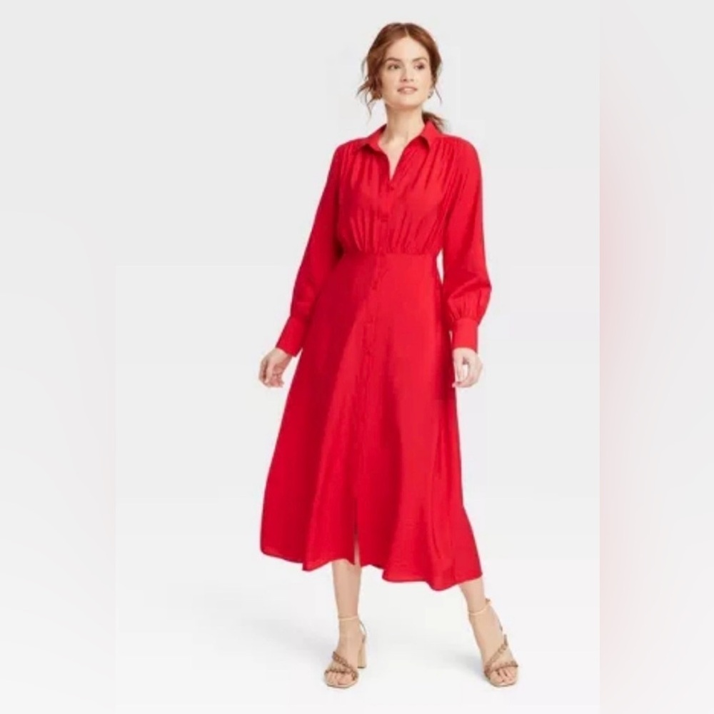 Women’s Long Sleeve Collared Red Midi Shirtdress